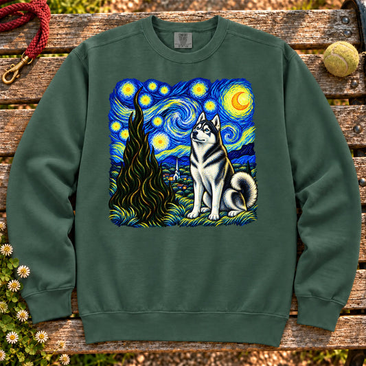 Colorful Husky beneath a swirling starry night sky on a Blue Spruce sweatshirt
