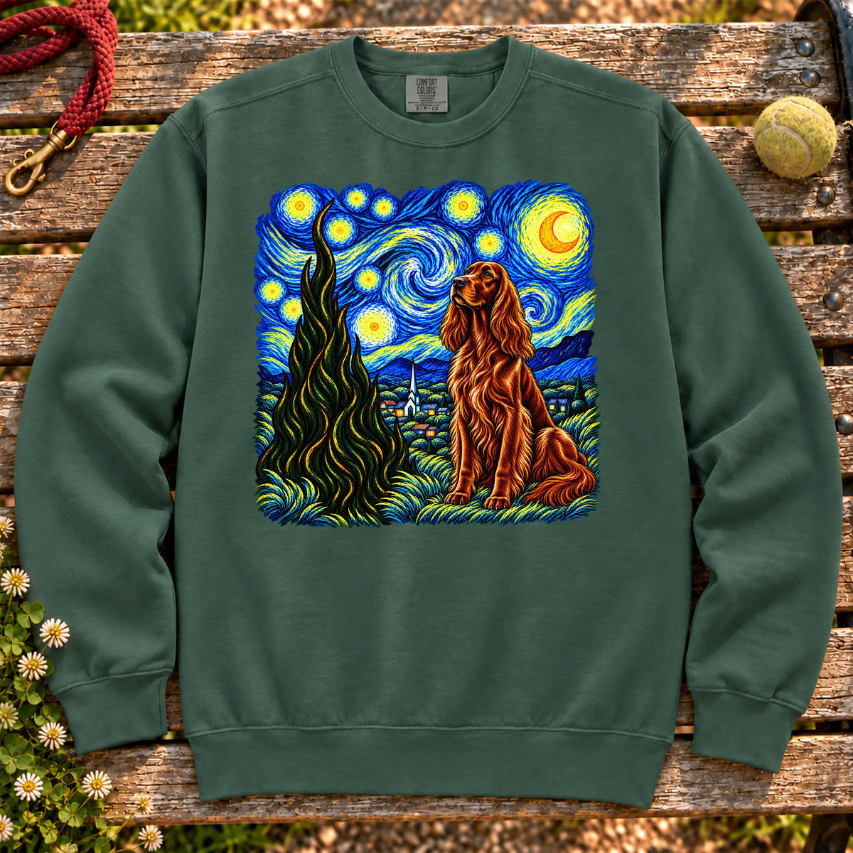 Colorful Irish Setter beneath a swirling starry night sky on a Blue Spruce sweatshirt