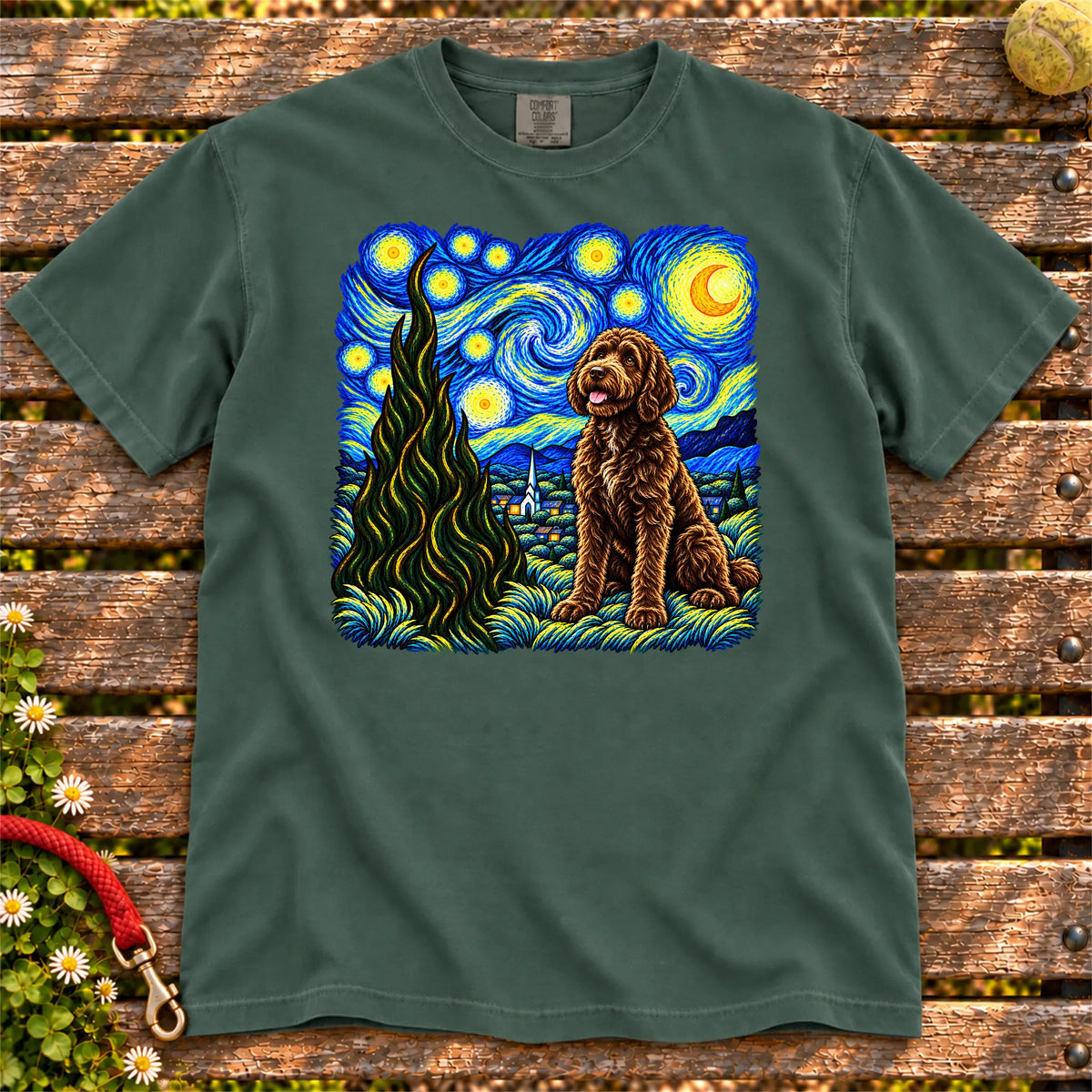 Colorful Labradoodle beneath a swirling starry night sky on a Blue Spruce T-shirt