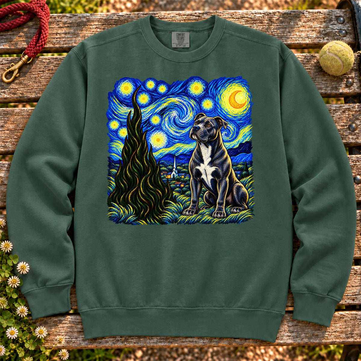 Colorful Pitbull beneath a swirling starry night sky on a Blue Spruce sweatshirt