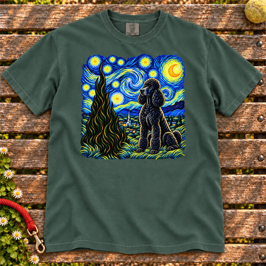 Colorful Poodle beneath a swirling starry night sky on a Blue Spruce T-shirt