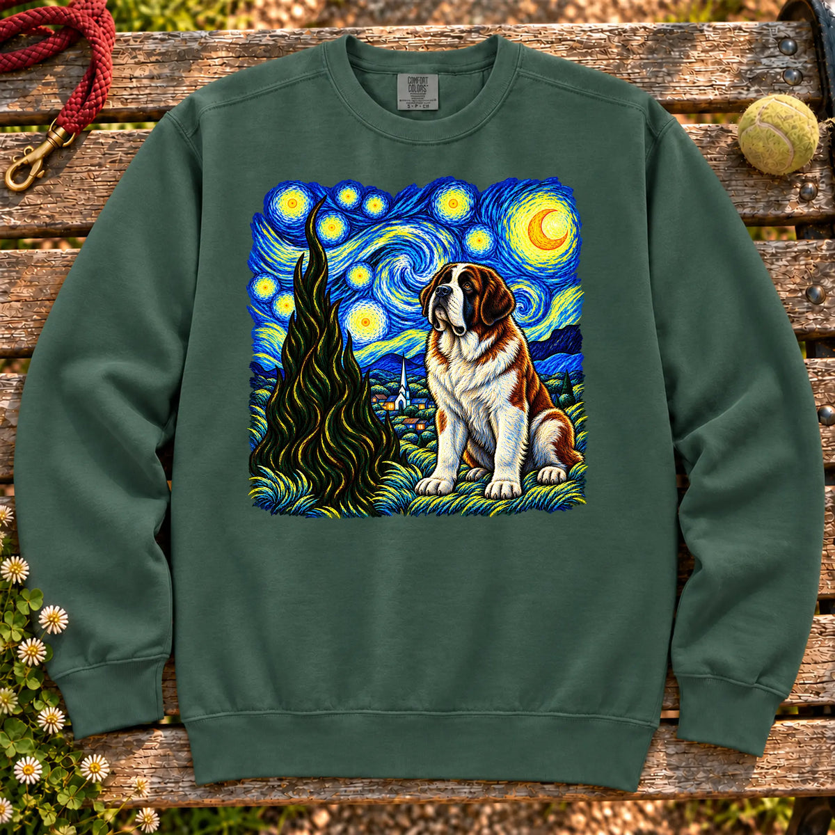 Colorful Saint Bernard beneath a swirling starry night sky on a Blue Spruce sweatshirt