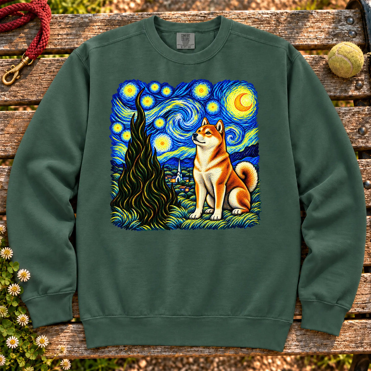 Colorful Shiba Inu beneath a swirling starry night sky on a Blue Spruce sweatshirt