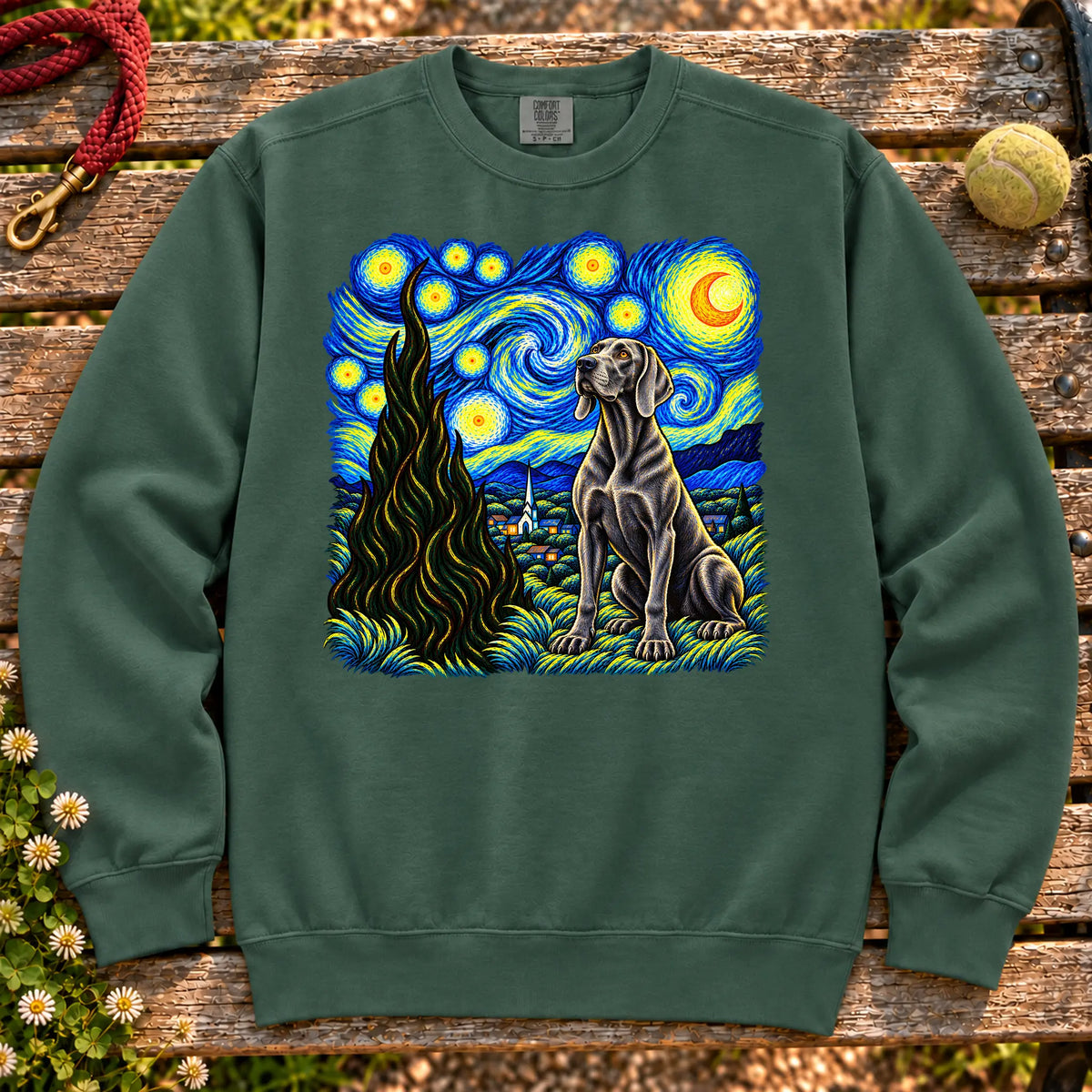 Colorful Weimaraner beneath a swirling starry night sky on a Blue Spruce sweatshirt