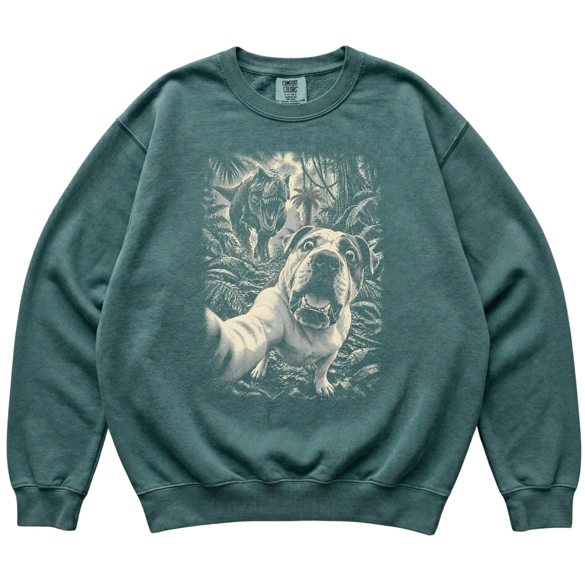 T-Rex Selfie American Bulldog Comfort Colors 1566 Sweatshirt in Blue Spruce, flat lay