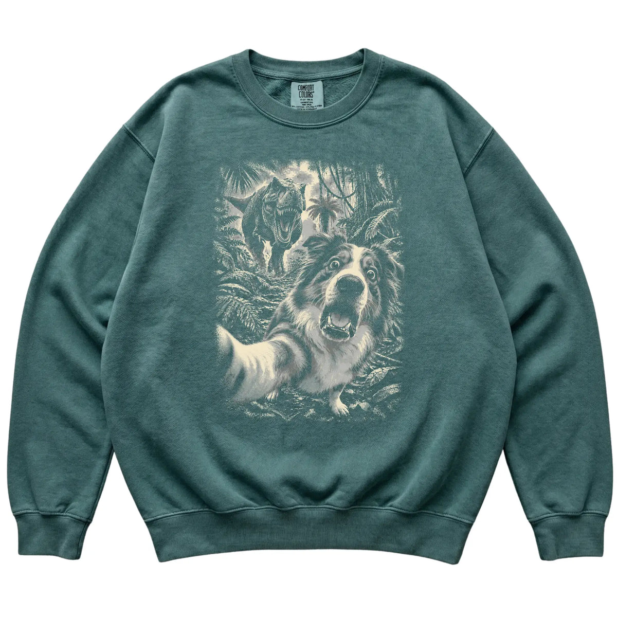 T-Rex Selfie Australian Shepherd Comfort Colors 1566 Sweatshirt in Blue Spruce, flat lay