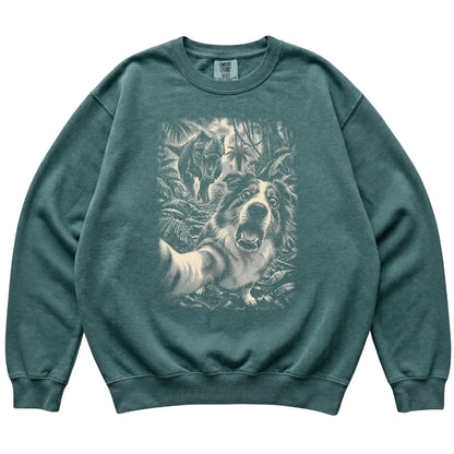 T-Rex Selfie Australian Shepherd Comfort Colors 1566 Sweatshirt in Blue Spruce, flat lay