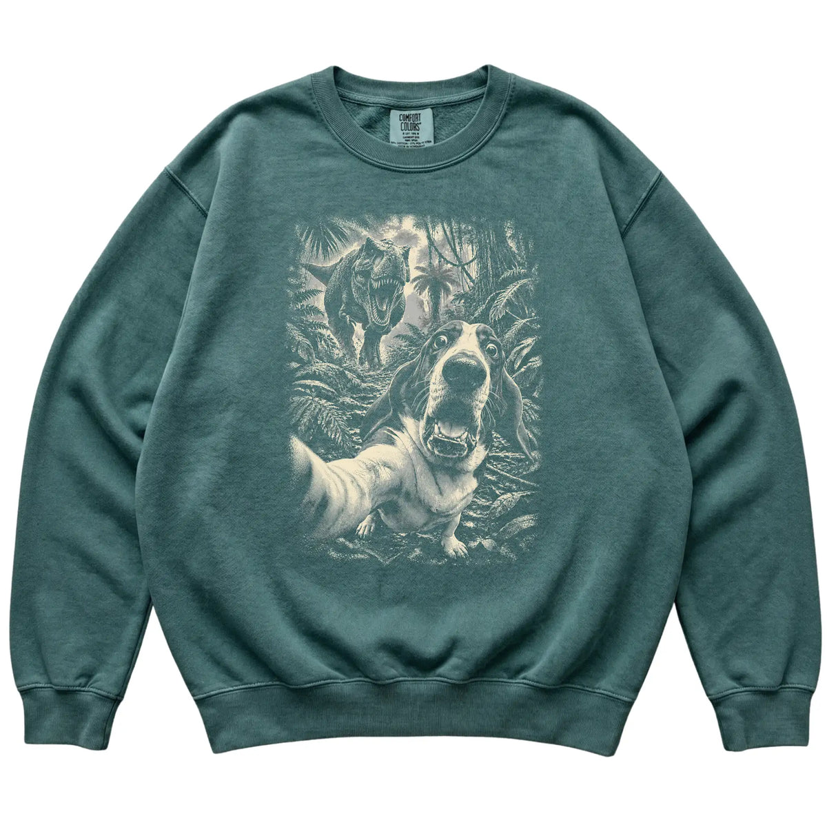 T-Rex Selfie Basset Hound Comfort Colors 1566 Sweatshirt in Blue Spruce, flat lay