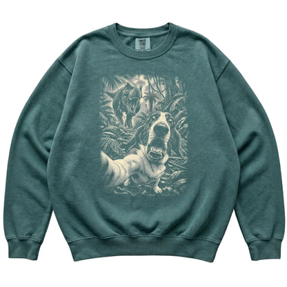 T-Rex Selfie Basset Hound Comfort Colors 1566 Sweatshirt in Blue Spruce, flat lay