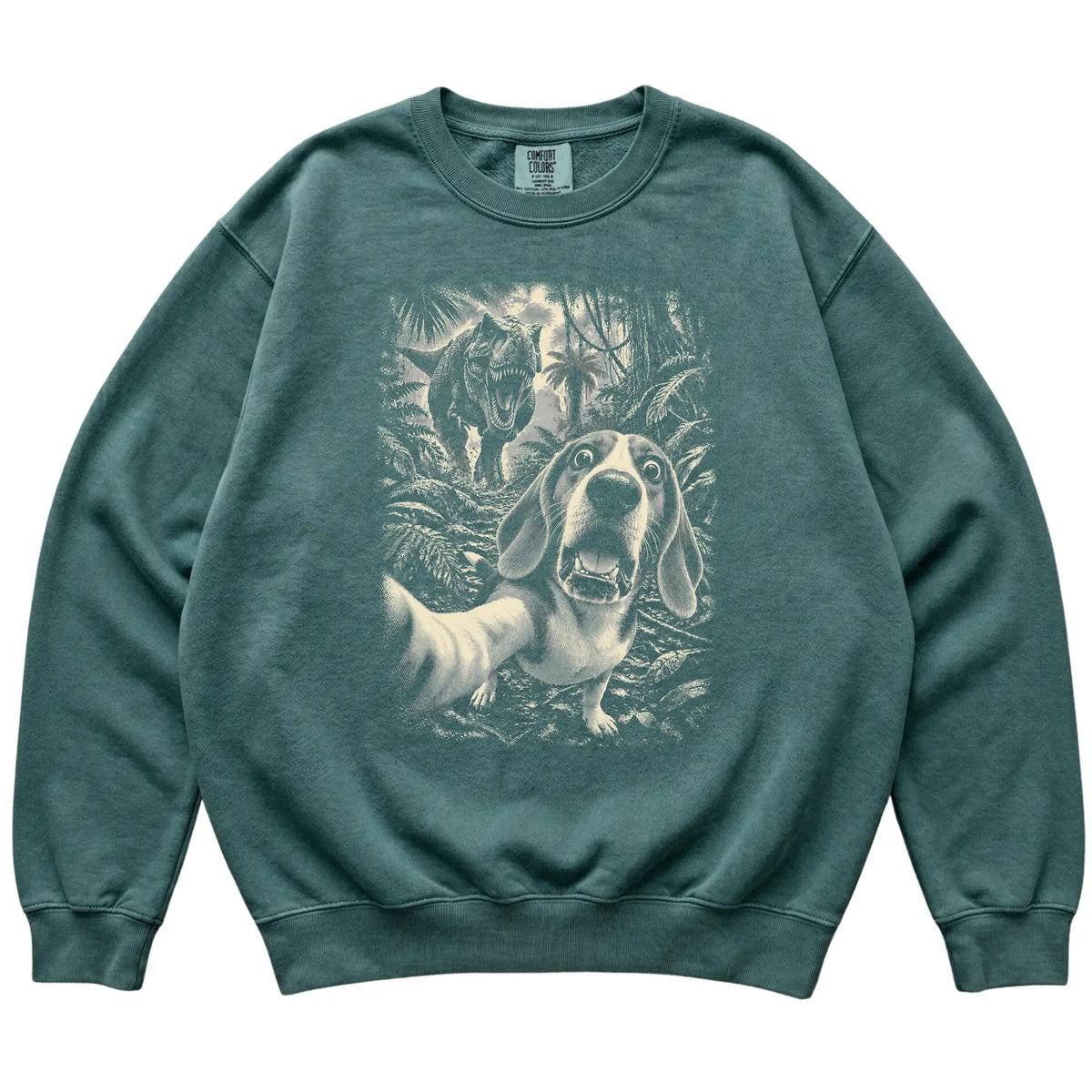 T-Rex Selfie Beagle Comfort Colors 1566 Sweatshirt in Blue Spruce, flat lay
