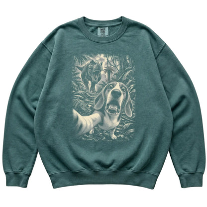 T-Rex Selfie Beagle Comfort Colors 1566 Sweatshirt in Blue Spruce, flat lay