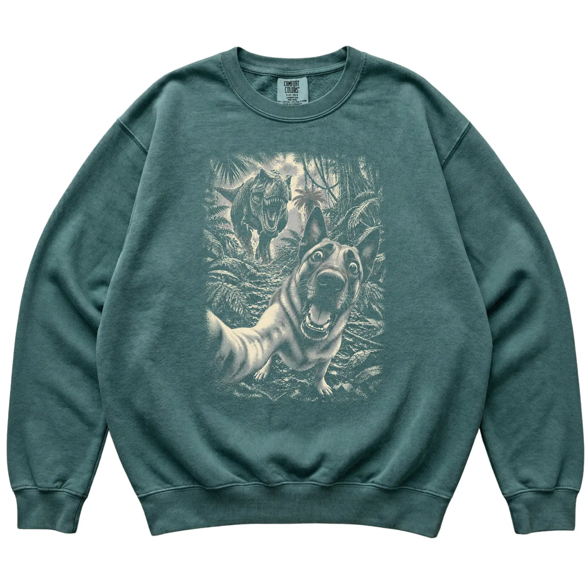 T-Rex Selfie Belgian Malinois Comfort Colors 1566 Sweatshirt in Blue Spruce, flat lay