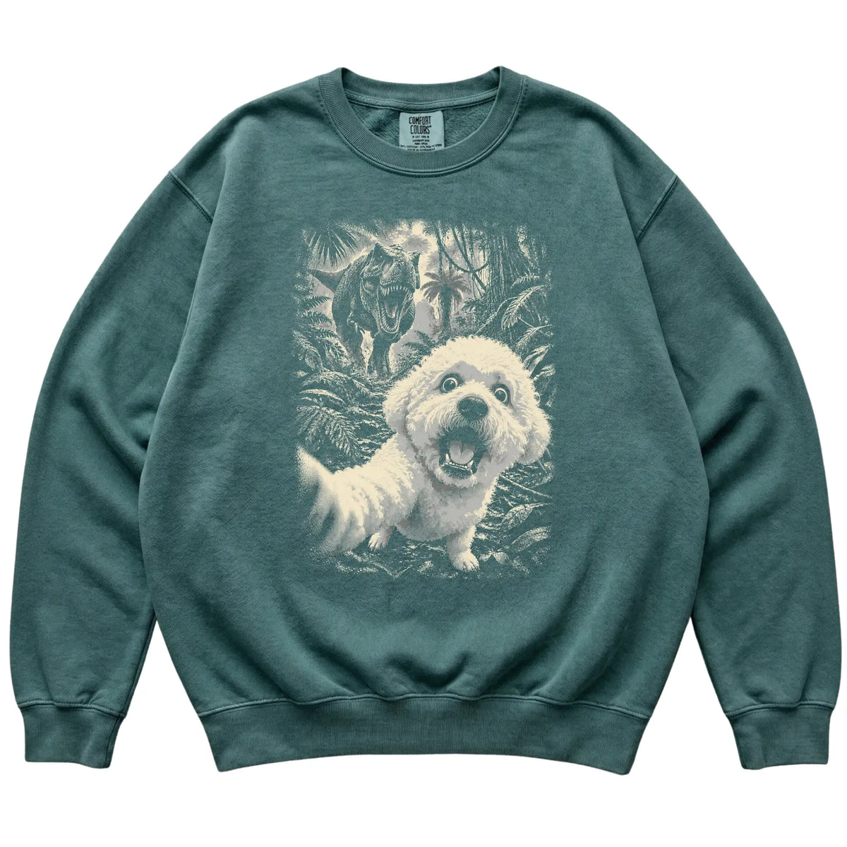 T-Rex Selfie Bichon Frise Comfort Colors 1566 Sweatshirt in Blue Spruce, flat lay