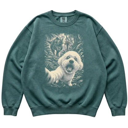 T-Rex Selfie Bichon Frise Comfort Colors 1566 Sweatshirt in Blue Spruce, flat lay
