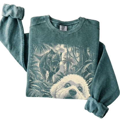 T-Rex Selfie Bichon Frise Comfort Colors 1566 Sweatshirt in Blue Spruce, folded detail