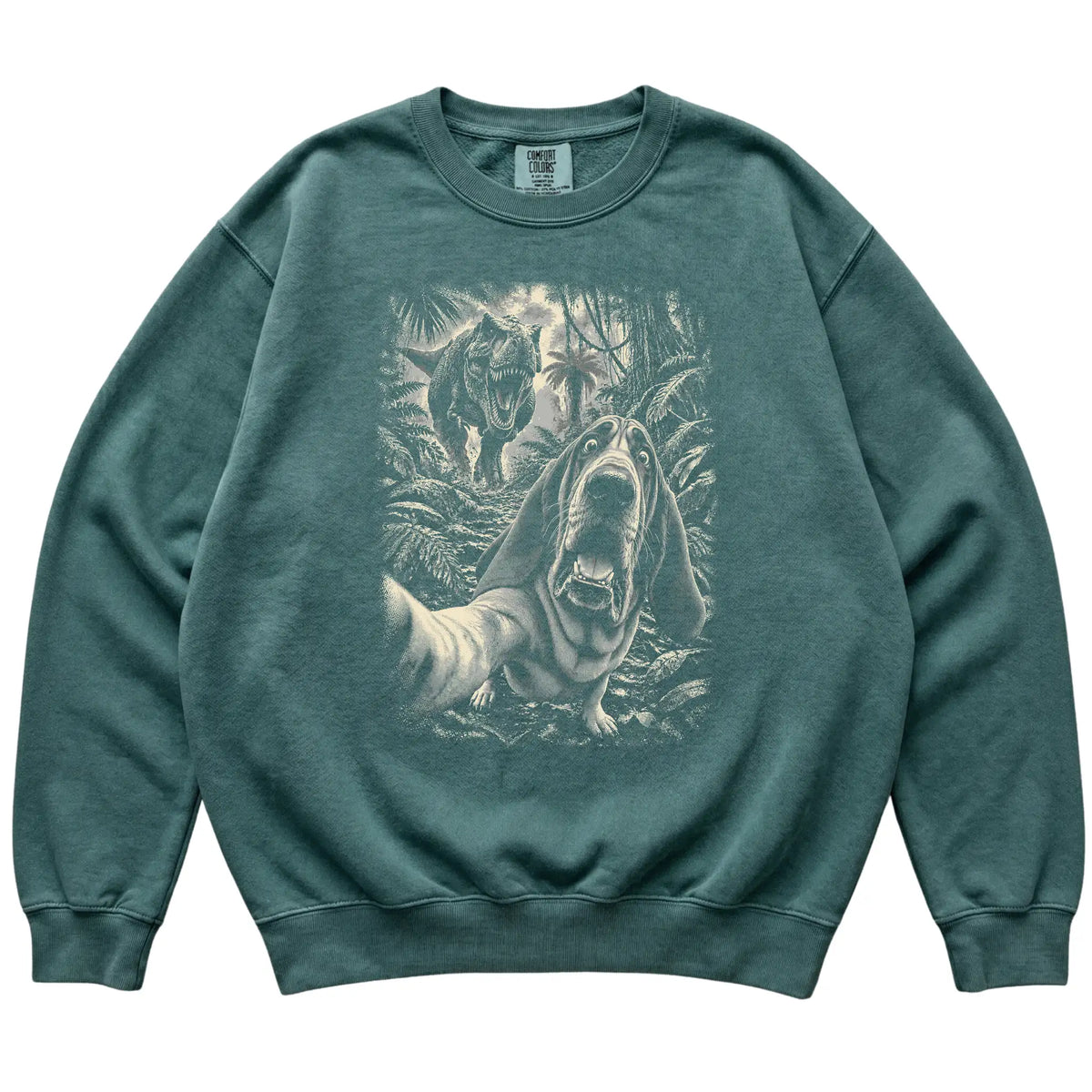 T-Rex Selfie Bloodhound Comfort Colors 1566 Sweatshirt in Blue Spruce, flat lay