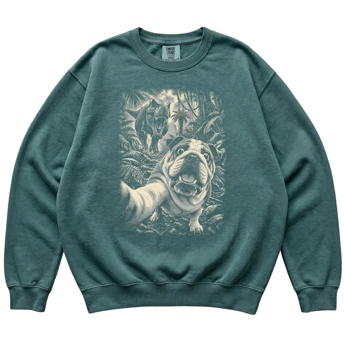 T-Rex Selfie English Bulldog Comfort Colors 1566 Sweatshirt in Blue Spruce, flat lay