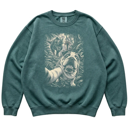 T-Rex Selfie English Bulldog Comfort Colors 1566 Sweatshirt in Blue Spruce, flat lay