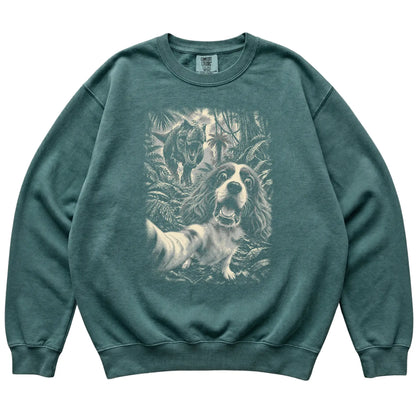T-Rex Selfie Cavalier King Charles Spaniel Comfort Colors 1566 Sweatshirt in Blue Spruce, flat lay