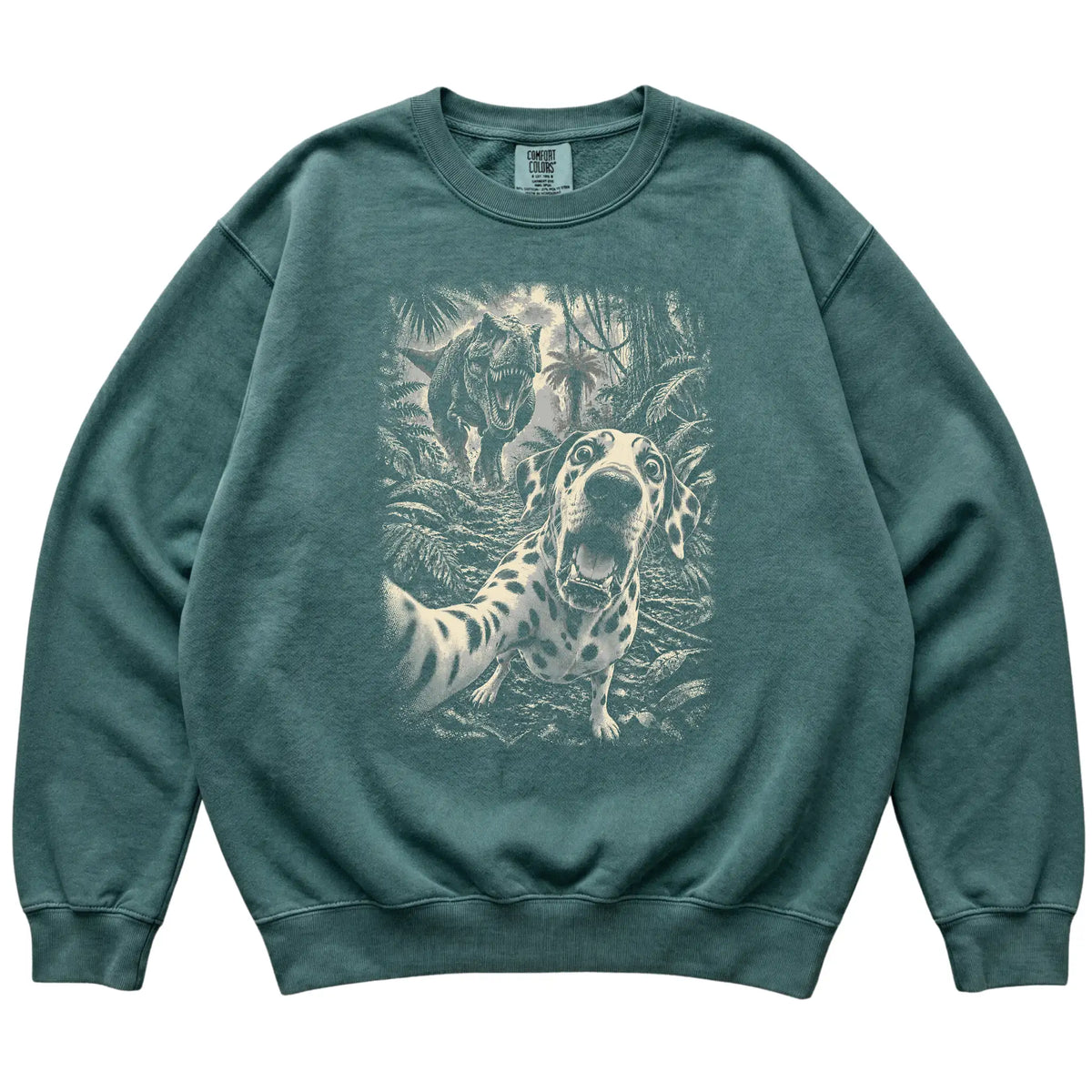 T-Rex Selfie Dalmatian Comfort Colors 1566 Sweatshirt in Blue Spruce, flat lay