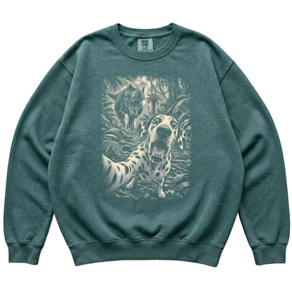T-Rex Selfie Dalmatian Comfort Colors 1566 Sweatshirt in Blue Spruce, flat lay