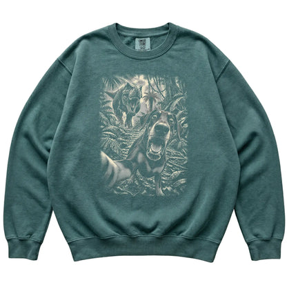 T-Rex Selfie Doberman Comfort Colors 1566 Sweatshirt in Blue Spruce, flat lay