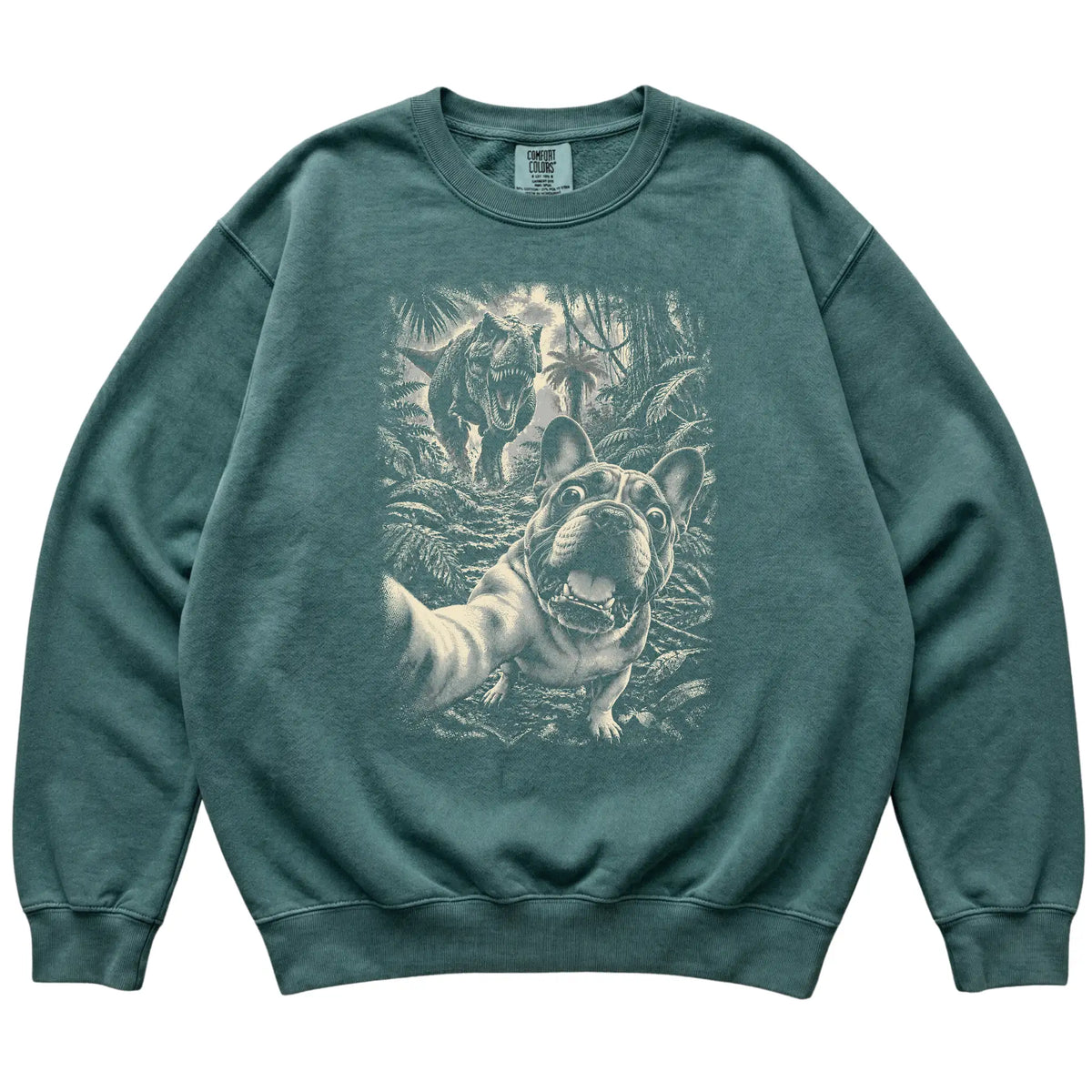 T-Rex Selfie French Bulldog Comfort Colors 1566 Sweatshirt in Blue Spruce, flat lay