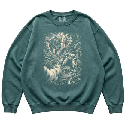 T-Rex Selfie French Bulldog Comfort Colors 1566 Sweatshirt in Blue Spruce, flat lay