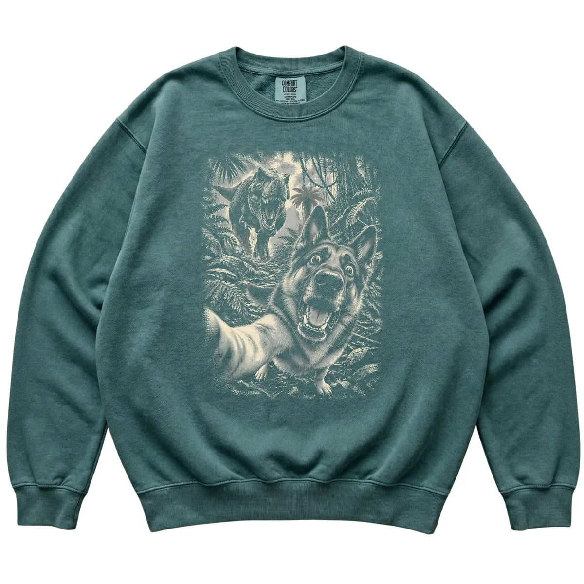 T-Rex Selfie German Shepherd Comfort Colors 1566 Sweatshirt in Blue Spruce, flat lay