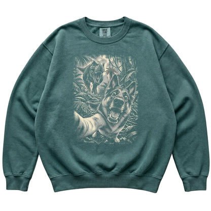 T-Rex Selfie German Shepherd Comfort Colors 1566 Sweatshirt in Blue Spruce, flat lay