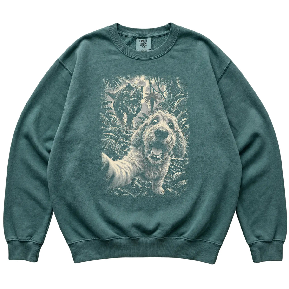 T-Rex Selfie Goldendoodle Comfort Colors 1566 Sweatshirt in Blue Spruce, flat lay