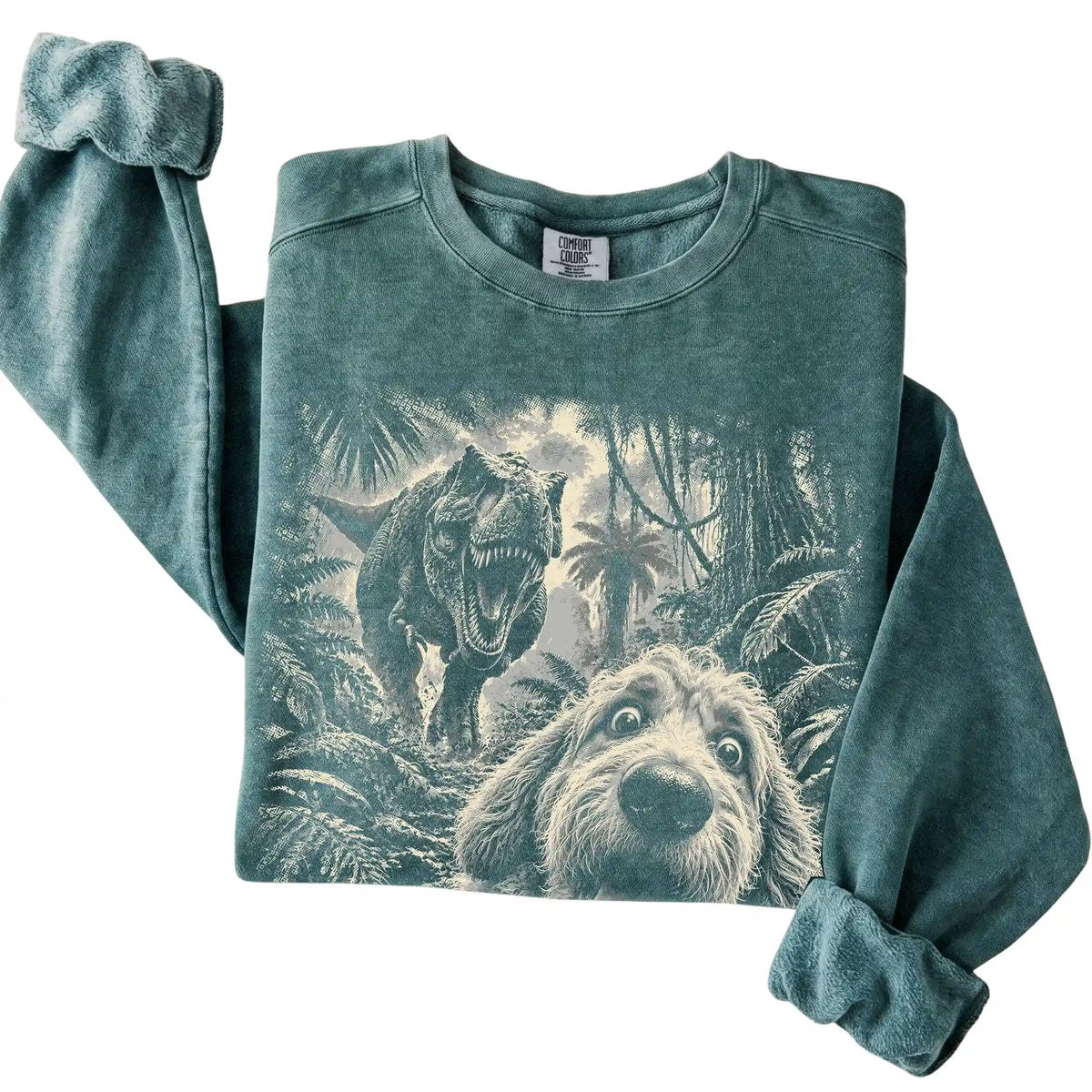 T-Rex Selfie Goldendoodle Comfort Colors 1566 Sweatshirt in Blue Spruce, folded detail