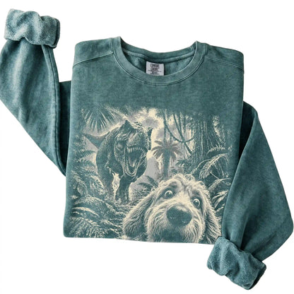 T-Rex Selfie Goldendoodle Comfort Colors 1566 Sweatshirt in Blue Spruce, folded detail