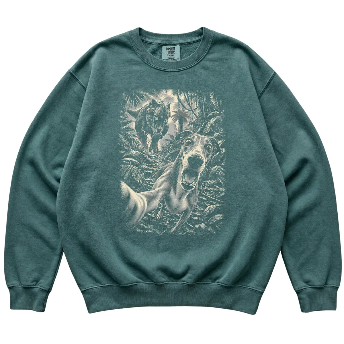 T-Rex Selfie Greyhound Comfort Colors 1566 Sweatshirt in Blue Spruce, flat lay