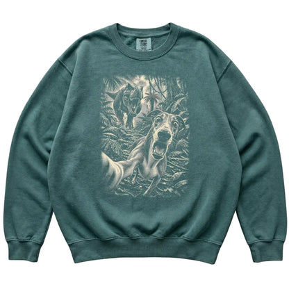 T-Rex Selfie Greyhound Comfort Colors 1566 Sweatshirt in Blue Spruce, flat lay