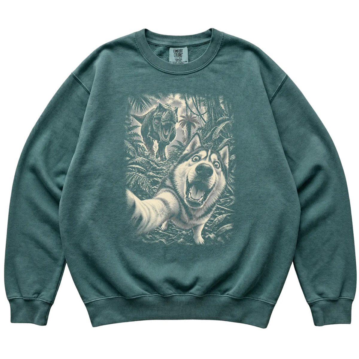 T-Rex Selfie Husky Comfort Colors 1566 Sweatshirt in Blue Spruce, flat lay