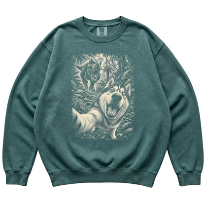 T-Rex Selfie Husky Comfort Colors 1566 Sweatshirt in Blue Spruce, flat lay