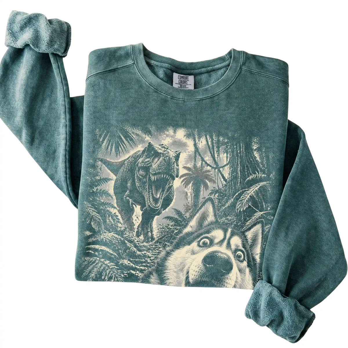 T-Rex Selfie Husky Comfort Colors 1566 Sweatshirt in Blue Spruce, folded detail