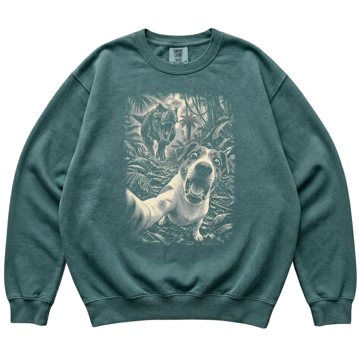 T-Rex Selfie Jack Russell Comfort Colors 1566 Sweatshirt in Blue Spruce, flat lay