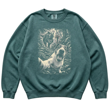 T-Rex Selfie Jack Russell Comfort Colors 1566 Sweatshirt in Blue Spruce, flat lay