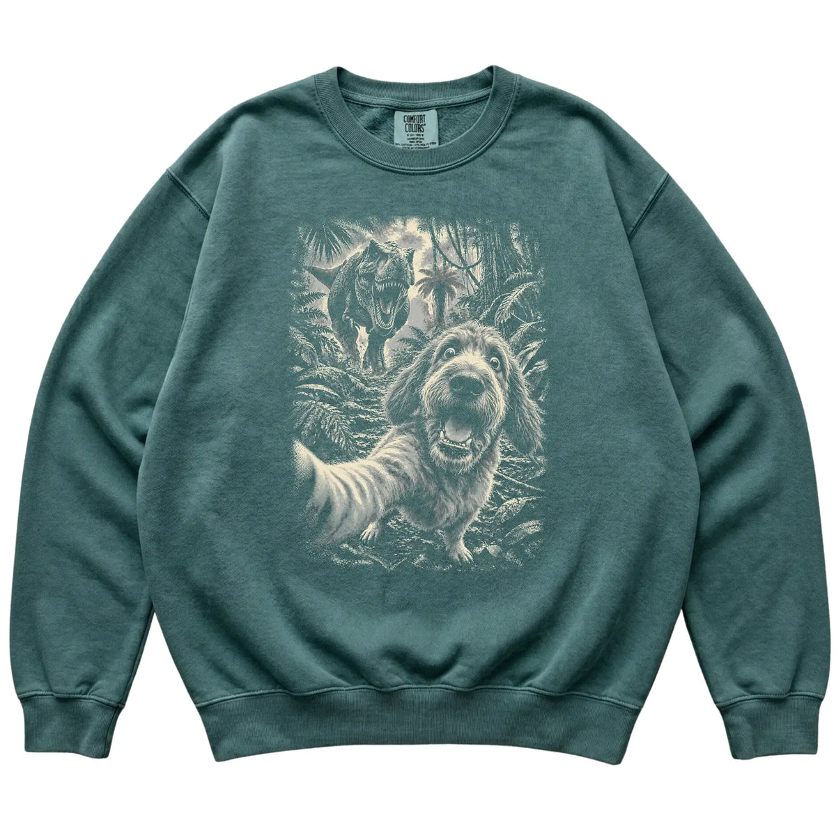 T-Rex Selfie Labradoodle Comfort Colors 1566 Sweatshirt in Blue Spruce, flat lay