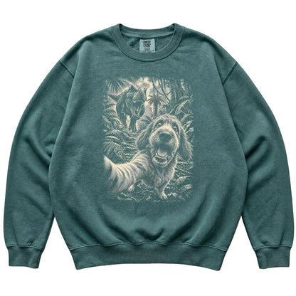 T-Rex Selfie Labradoodle Comfort Colors 1566 Sweatshirt in Blue Spruce, flat lay