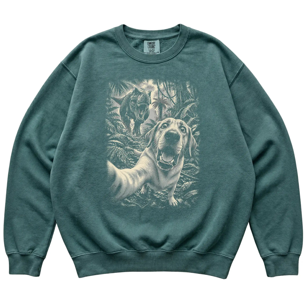 T-Rex Selfie Labrador Retriever Comfort Colors 1566 Sweatshirt in Blue Spruce, flat lay