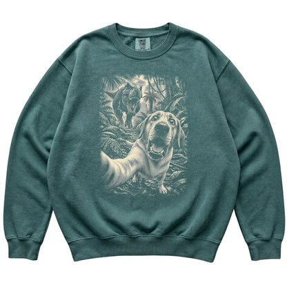 T-Rex Selfie Labrador Retriever Comfort Colors 1566 Sweatshirt in Blue Spruce, flat lay