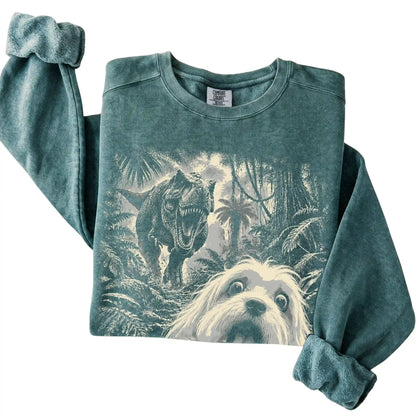 T-Rex Selfie Maltese Comfort Colors 1566 Sweatshirt in Blue Spruce, folded detail