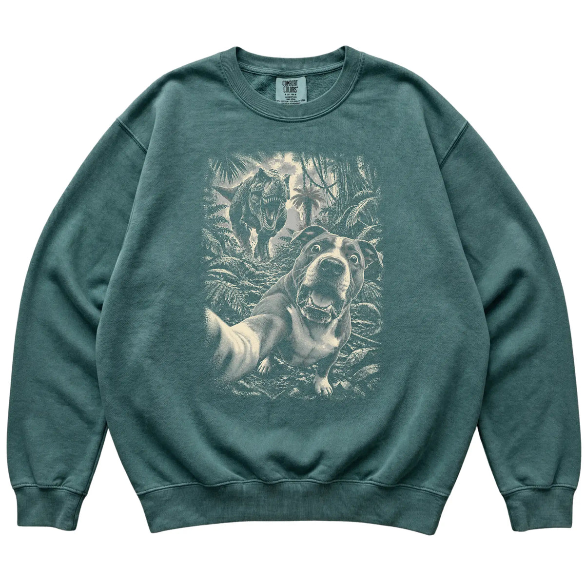 T-Rex Selfie Pitbull Comfort Colors 1566 Sweatshirt in Blue Spruce, flat lay