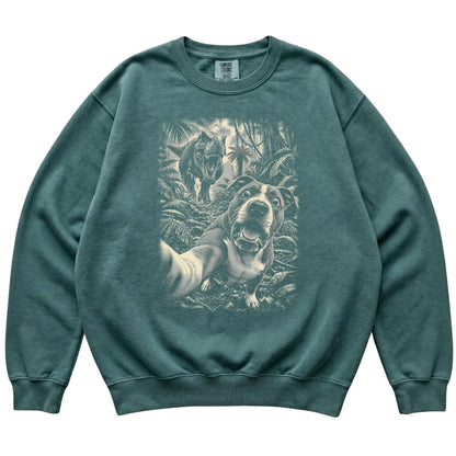T-Rex Selfie Pitbull Comfort Colors 1566 Sweatshirt in Blue Spruce, flat lay