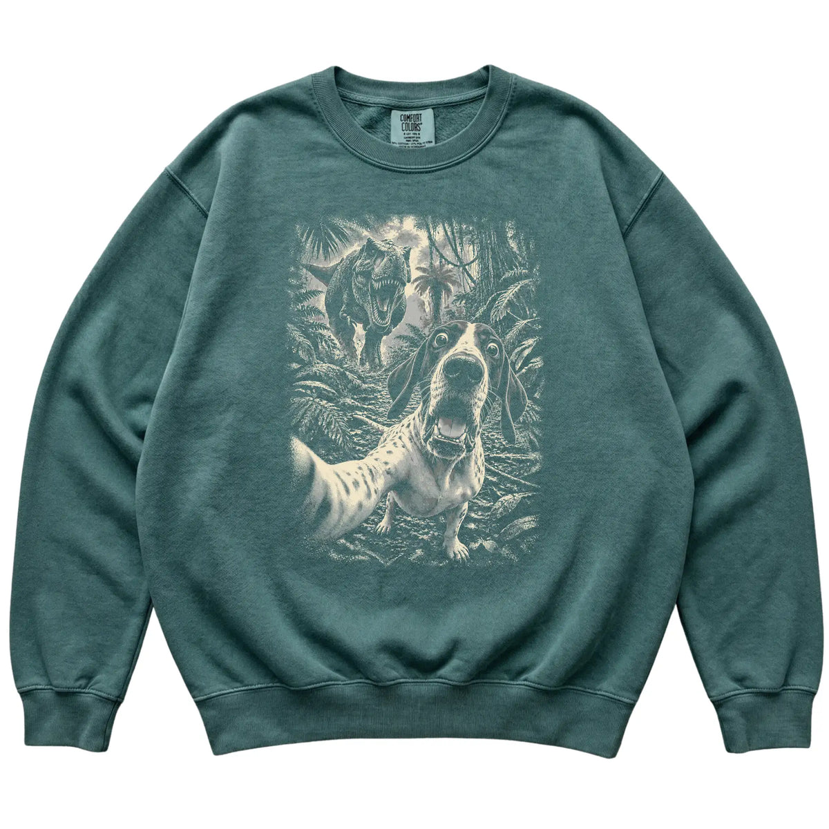T-Rex Selfie Pointer Comfort Colors 1566 Sweatshirt in Blue Spruce, flat lay