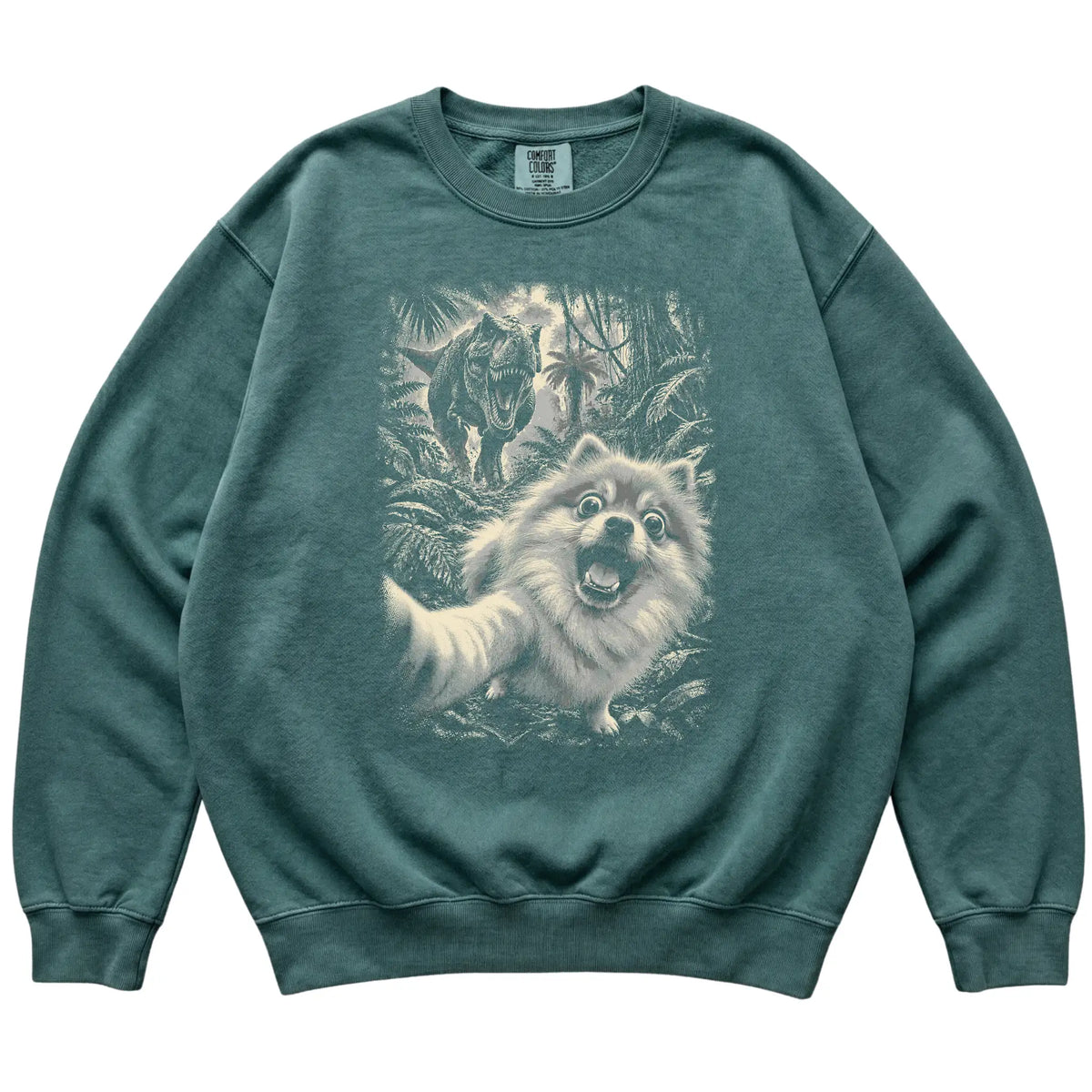 T-Rex Selfie Pomeranian Comfort Colors 1566 Sweatshirt in Blue Spruce, flat lay