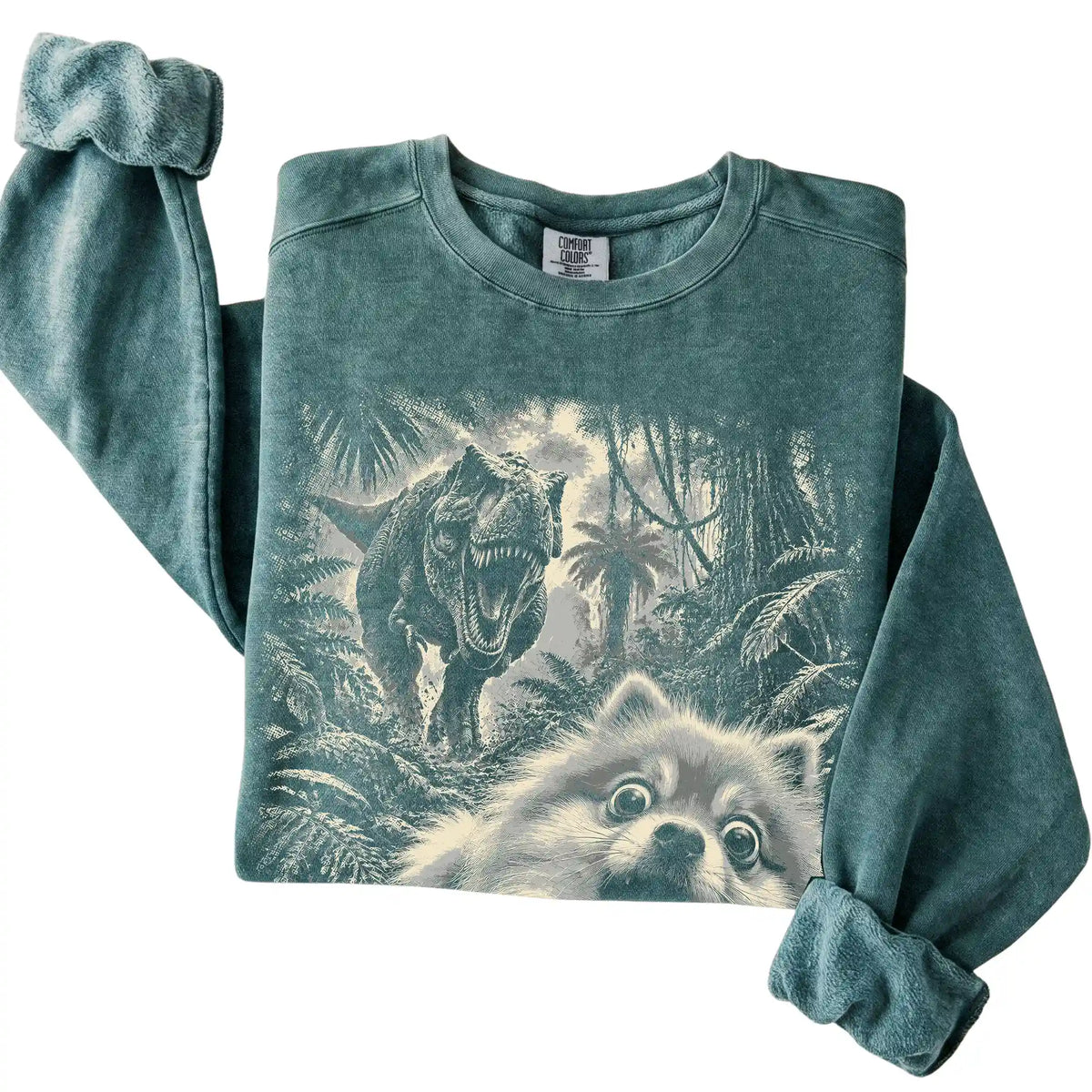 T-Rex Selfie Pomeranian Comfort Colors 1566 Sweatshirt in Blue Spruce, folded detail